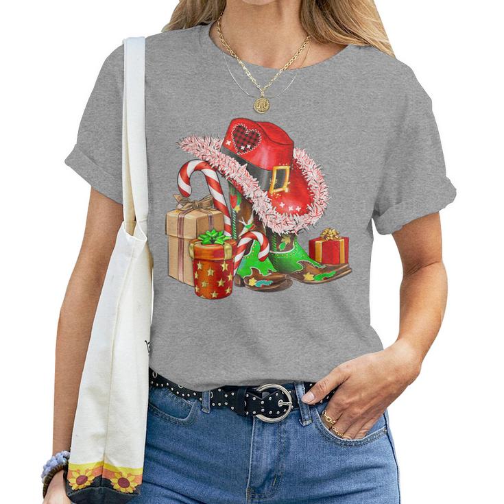Christmas Western Cowgirl Hat Boots Cute Xmas Cowboy Texas Women T-shirt