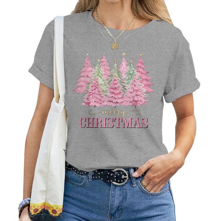 Vintage Pink Christmas Merry Christmas Tree Xmas Women T-shirt