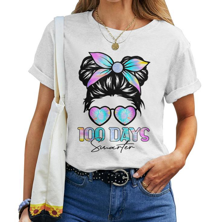 100 Days Smarter Girls Messy Bun Hair 100Th Day Tie Dye Women T-shirt