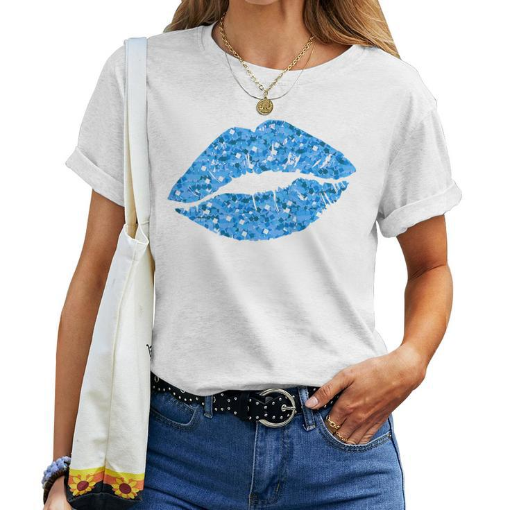 80S & 90S Kiss Mouth Lips Motif Vintage Blue Women T-shirt