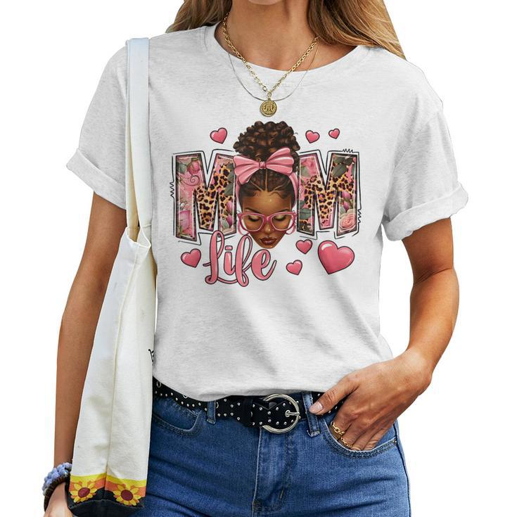 Afro Messy Bun Mom Life Pink Roses Black Mom Mother's Day Women T-shirt