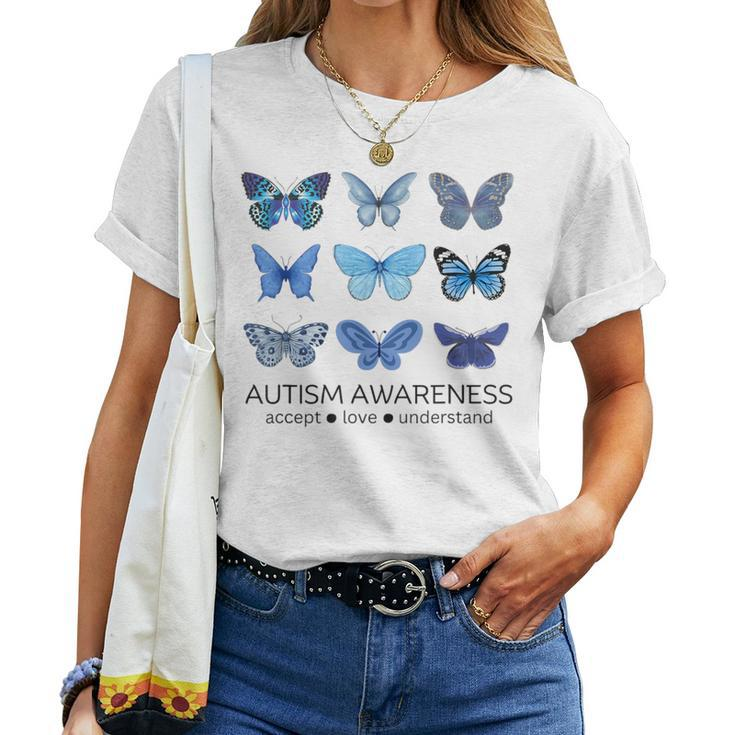 In April We Wear Blue Butterfly Autism Mental Health Women T-shirt