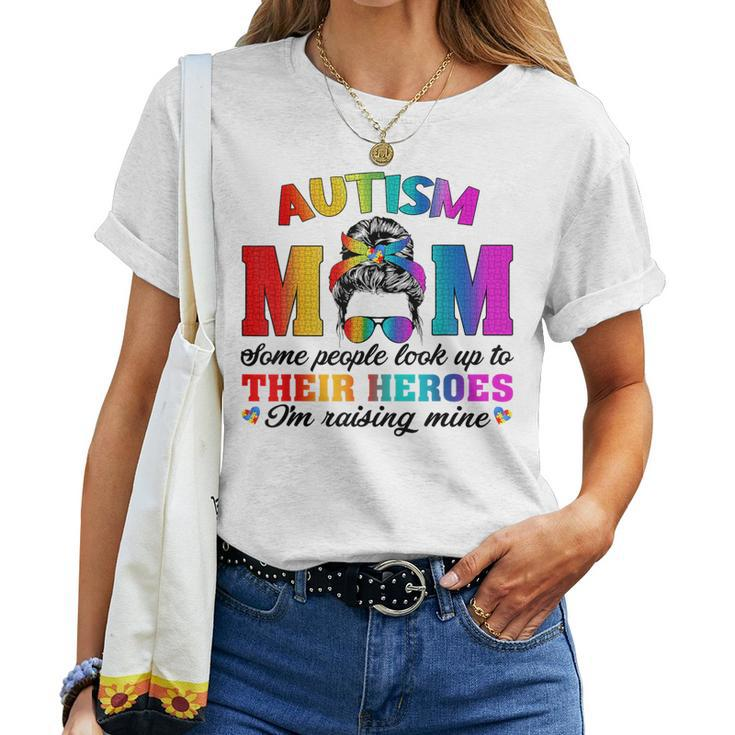 Autism Mom Raising Hero Groovy Messy Bun Autism Awareness Women T-shirt