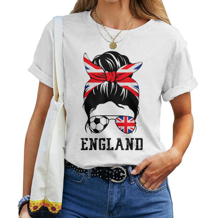 British Soccer Girl Mom Messy Bun England Flag Football Fan Women T-shirt