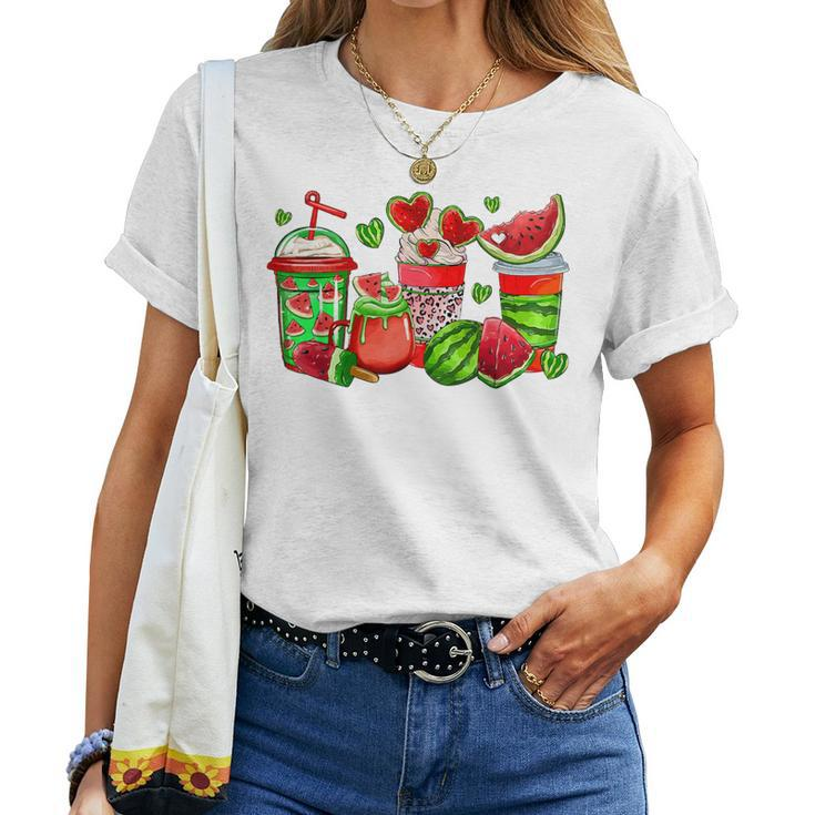Cute Cups Of Iced Coffee Watermelon Tropical Summer Vacation Women T-shirt