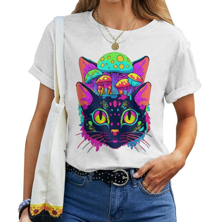 Edm Rave Trippy Cat Mushroom Psychedelic Festival Women T-shirt