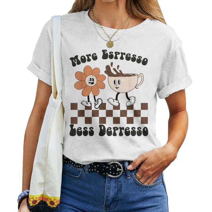 More Espresso Less Depresso Retro Groovy Flowers Coffee Cups Women T-shirt