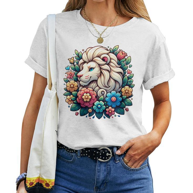 Floral Lion Head With Vintage Flowers Cartoon Animal Lover Women T-shirt