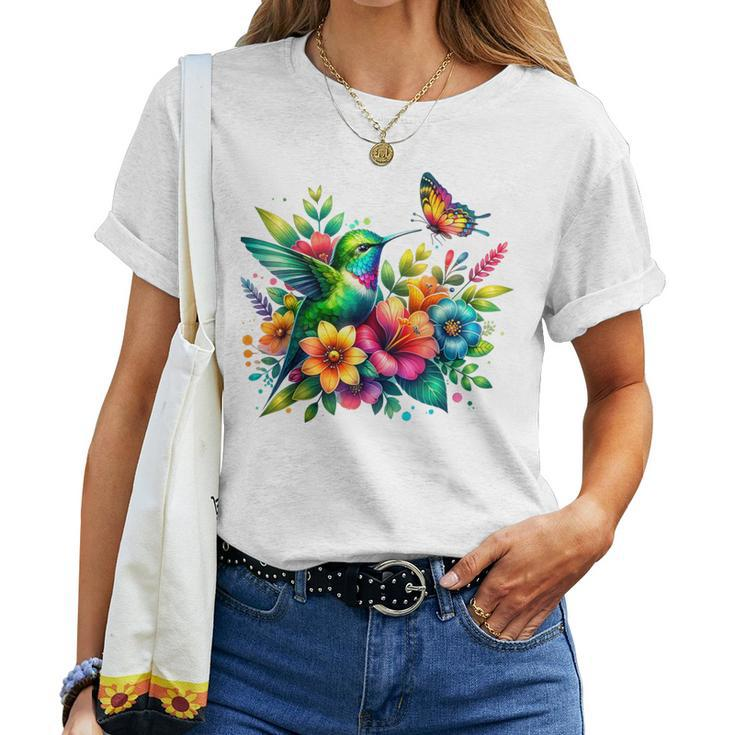 Floral Watercolor Hummingbird & Butterfly Women T-shirt