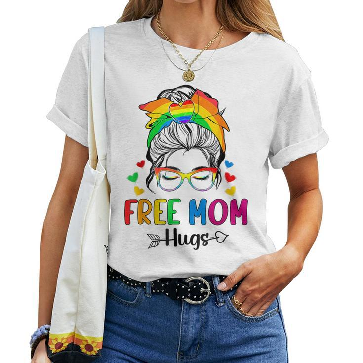Free Mom Hugs Messy Bun Rainbow Gay Trans Pride Mother Day Women T-shirt