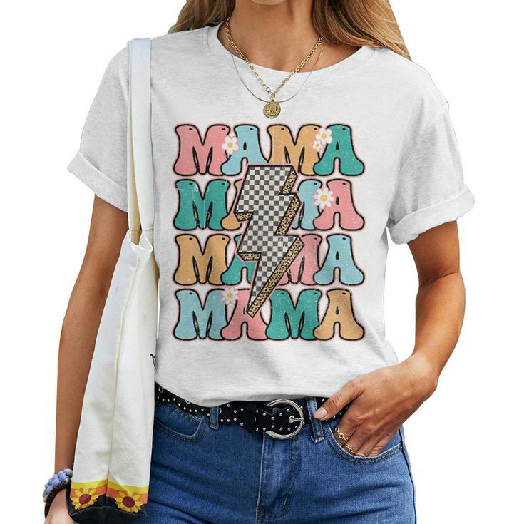 Groovy Mama Checkered Leopard Bolt Lightning Flower Mom Life Women T-shirt