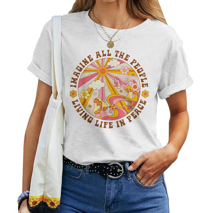 Hippie Imagine Living Life In Peace Sign Mushroom Retro 70S Women T-shirt