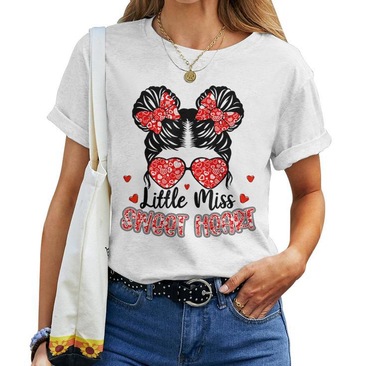 Little Miss Sweet Heart Messy Bun Valentine's Day Girl Girls Women T-shirt