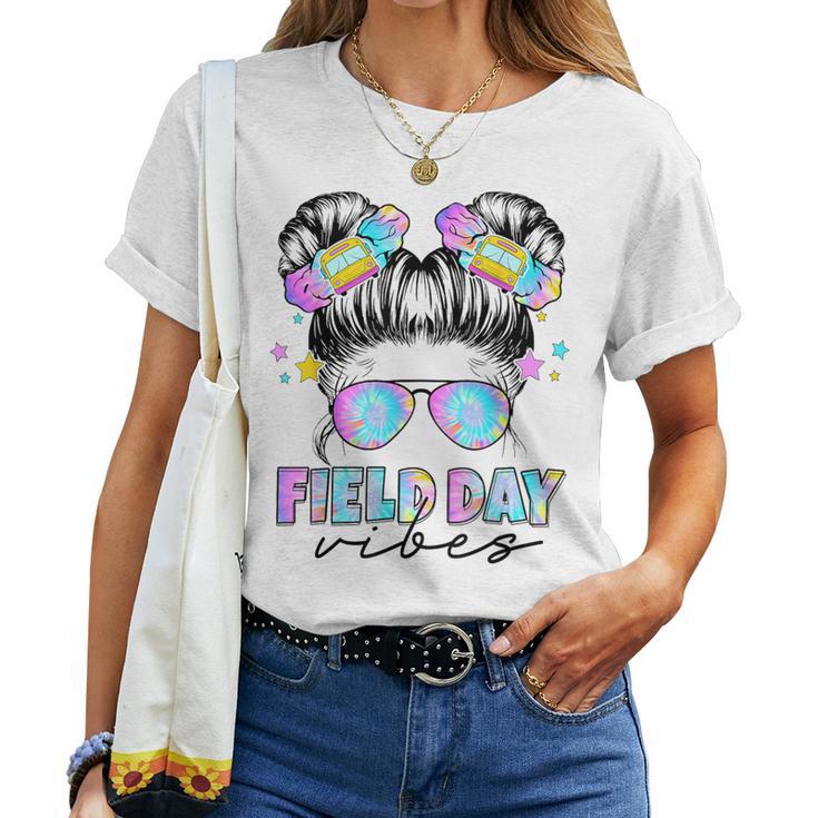 Messy Bun Girl Field Day Vibes Field Trip Teacher Student Women T-shirt