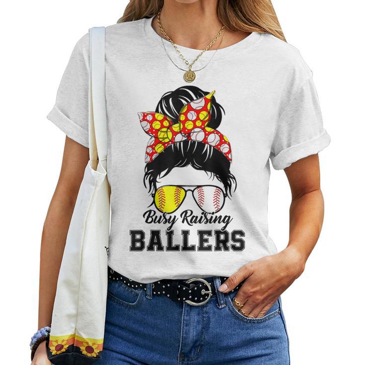 Messy Bun Mom Of Both Baseball Softball Busy Raising Ballers Women T-shirt