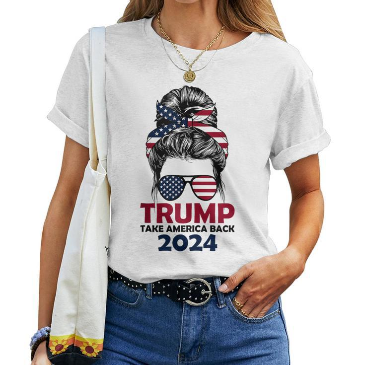 Messy Bun Support Trump 2024 Flag Take America Back Women T-shirt