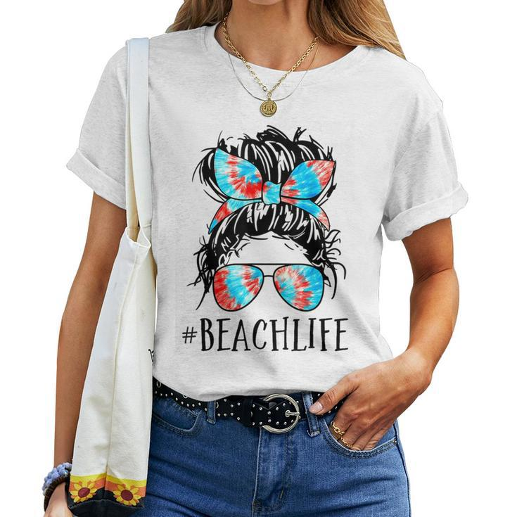 Messy Hair Woman Bun Beach Life For Teacher Lunch Lady Love Women T-shirt