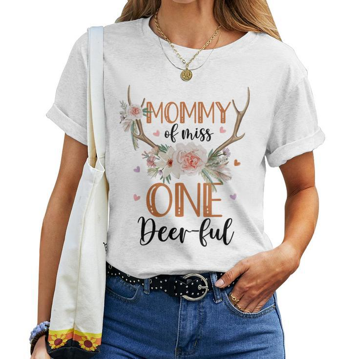 Mommy Of Miss Onederful 1St Birthday Girl Cute Deer Flower Women T-shirt