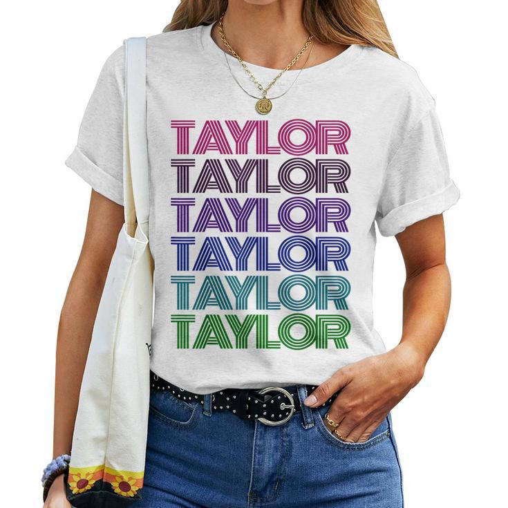 Personalized First Name Taylor Girl Groovy Retro Pink Women T-shirt