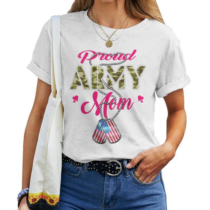 Proud Army Mom Us Flag Camo Dog Tags Military Mother Women T-shirt