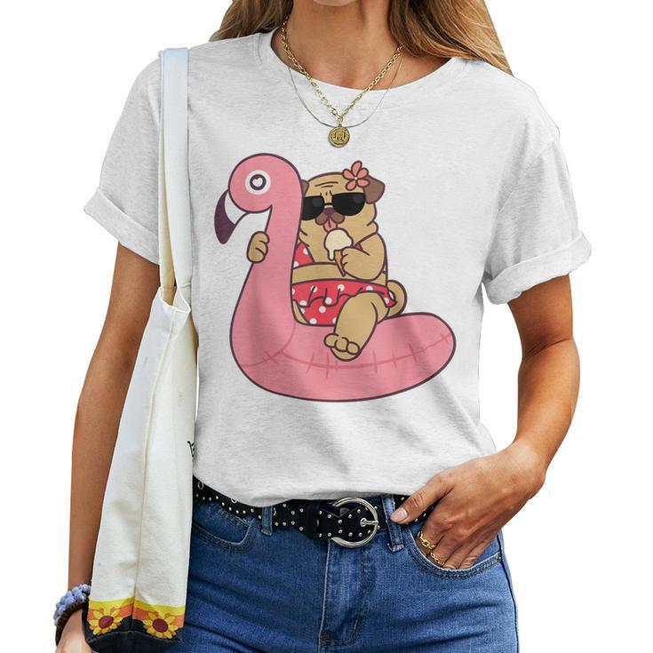 Pug Dog Bikini Pink Flamingo Float Ice Cream T Women T-shirt