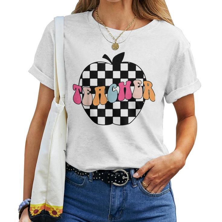 Retro Black And White Checkered Apple Teacher Women T-shirt