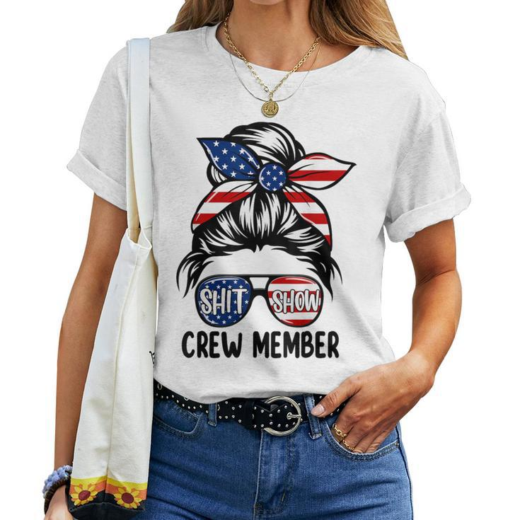 Shit Show Crew Member Amerian Flag Headband Messy Bun Women T-shirt