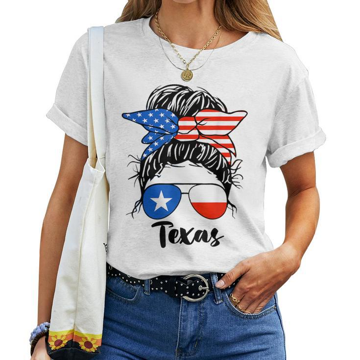 Texas State Flag Sunglasses Mom Messy Bun Hair Girl Women T-shirt