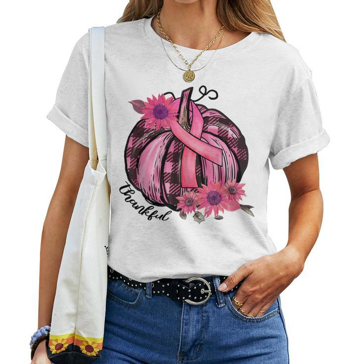 Thankful Pink Pumpkin Sunflower Breast Cancer Awareness Women T-shirt