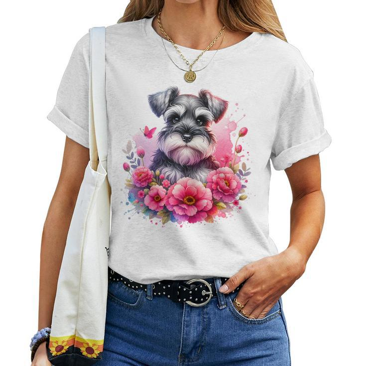 Watercolor Cute Miniature Schnauzer Dog Mom Pink Flowers Women T-shirt