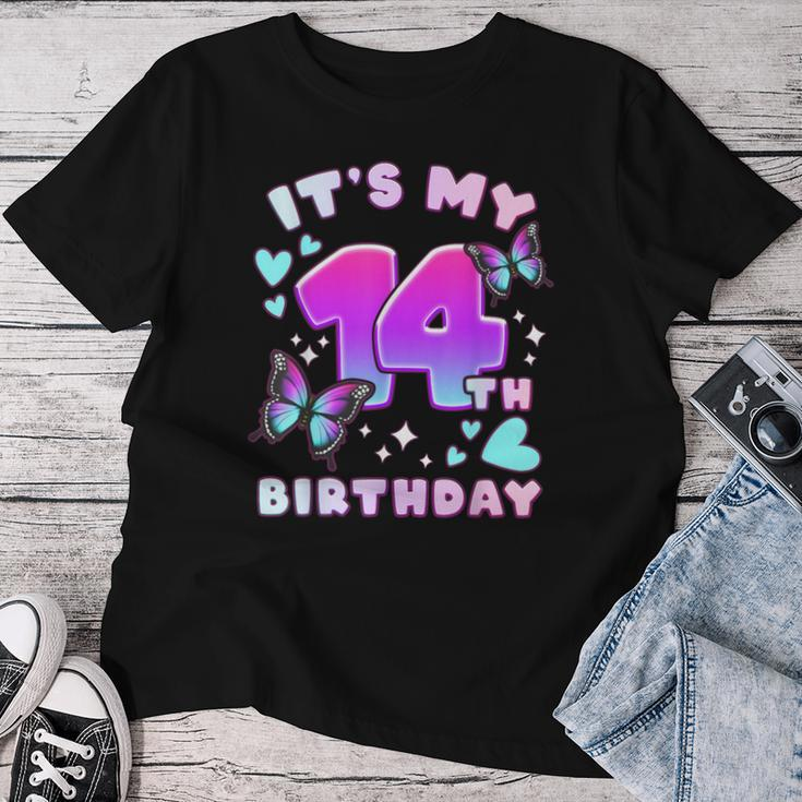 14Th Birthday Girl 14 Years Butterflies And Number 14 Women T-shirt Funny Gifts