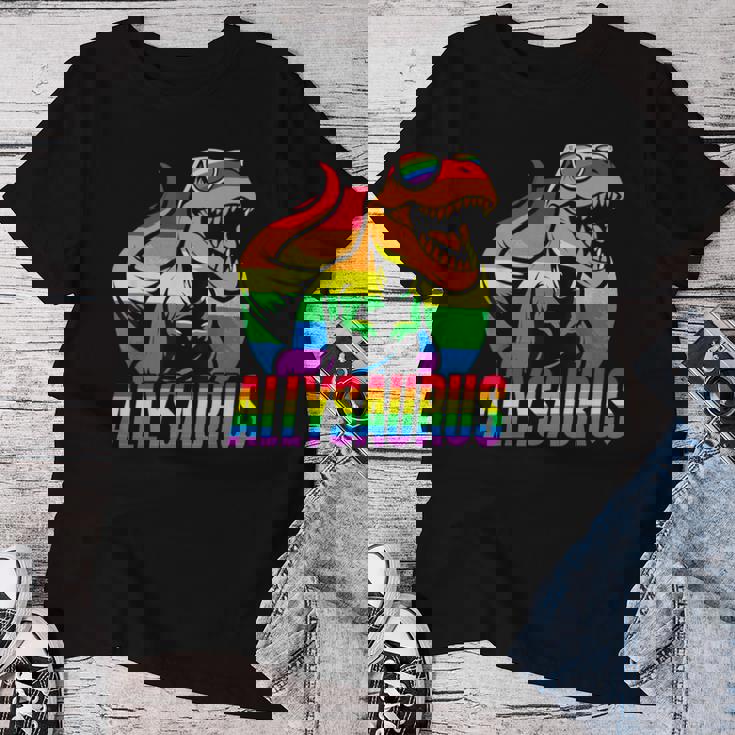 Allysaurus Lgbt Rainbow Flag Ally Dinosaur Lgbt Pride Women T-shirt Unique Gifts