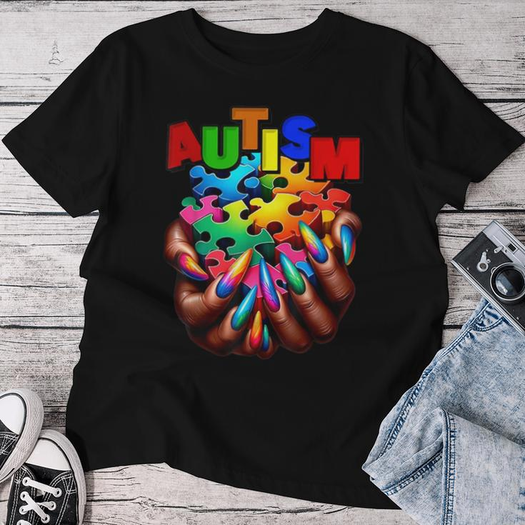 Autism Awareness Hand Black Woman Autism Mom Puzzle Piece Women T-shirt Funny Gifts