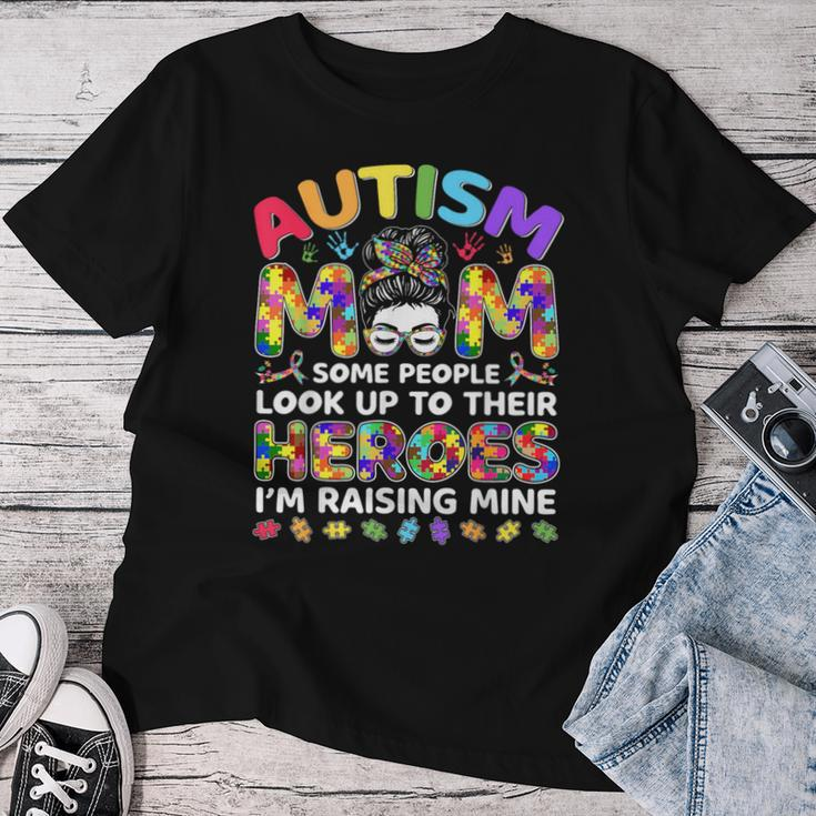 Autism Mom Raising Hero Messy Bun Autism Awareness Women T-shirt Funny Gifts