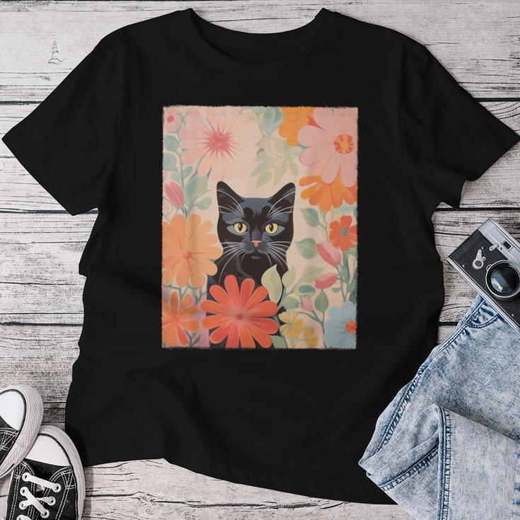 Black Cat And Flowers Cat Lover Cat Floral Cat Women T-shirt Unique Gifts