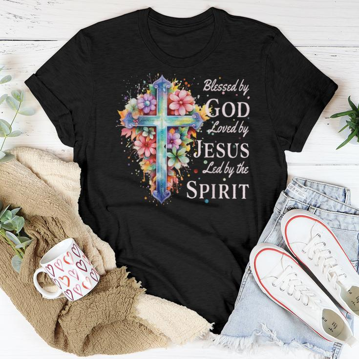 Blessed By God Loved By Jesus Floral Cross Christian Women T-shirt Personalized Gifts