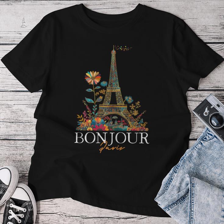 Maglietta Donna Parigi Torre Eiffel Bonjour, Tessuto Morbido, Taglie S-2XL, Ricordo Di Viaggio - 3