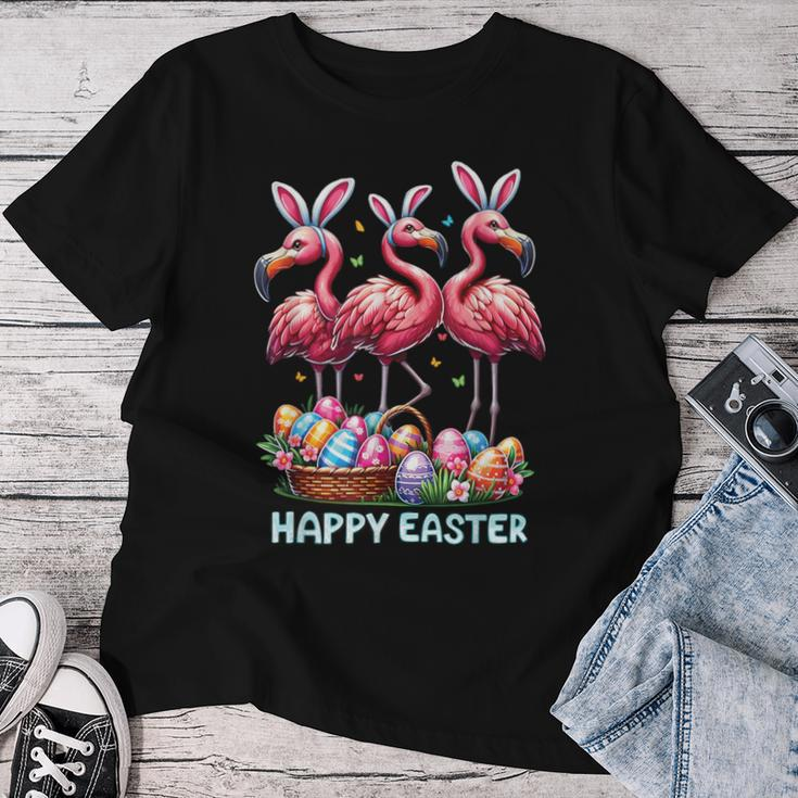 Cute Flamingo With Easter Bunny Egg Basket Happy Easter Women T-shirt Funny Gifts