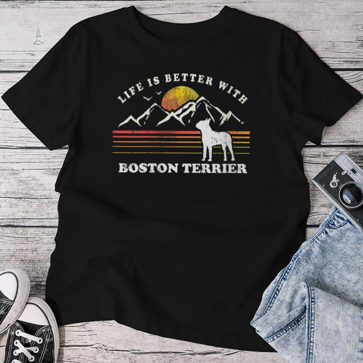 Damen Life Better Boston Terrierintage Hund Mama Papa Mit-Ausschnitt T-shirt Frauen Lustige Geschenke