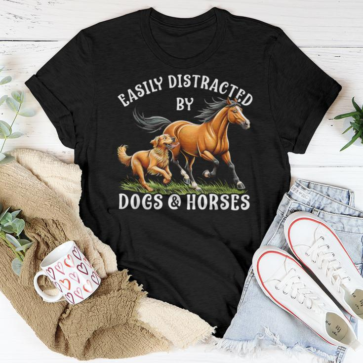 Easily Distracted By Horses And Dogs Girls Equestrian Women T-shirt Unique Gifts