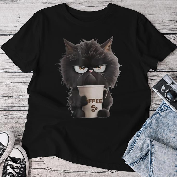 Angry Black Cat Drinking Coffee Loves Coffee Pet Women T-shirt Funny Gifts