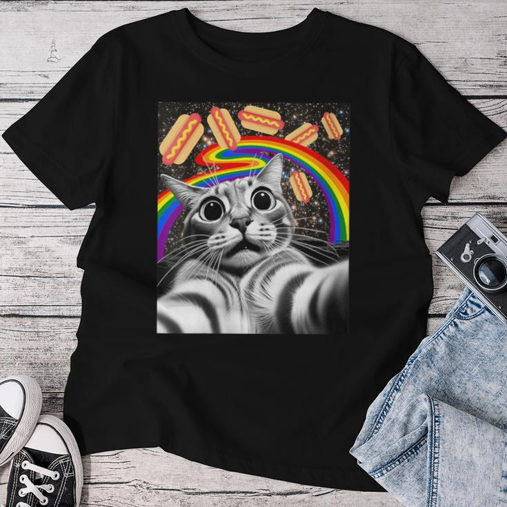 Graphic Rainbow Hotdog Ufos Cosmic Space Selfie Cat Women T-shirt Unique Gifts