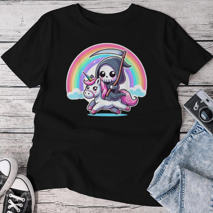 Grim Reaper Riding Unicorn Rainbow Heavy Metal Women T-shirt Personalized Gifts