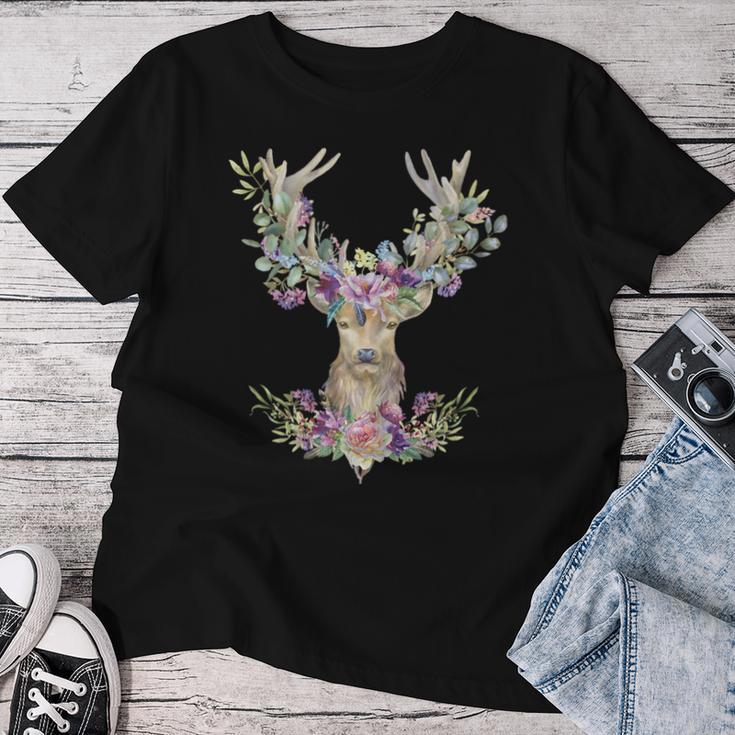 Hirsch Women's With Flowers And Antlers Dirndl T-shirt Frauen Lustige Geschenke