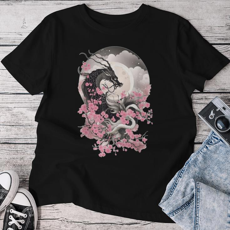 Japanese Dragon & Cherry Blossom & Full Moon Asian Women T-shirt Unique Gifts