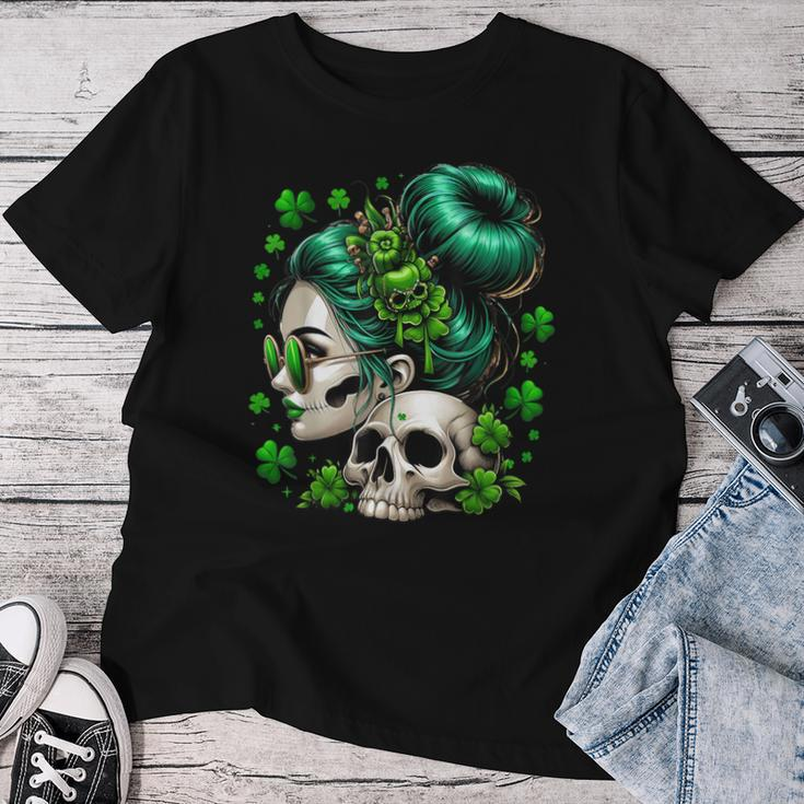 Messy Bun Irish Skull Saint Pattys Day Women T-shirt Funny Gifts