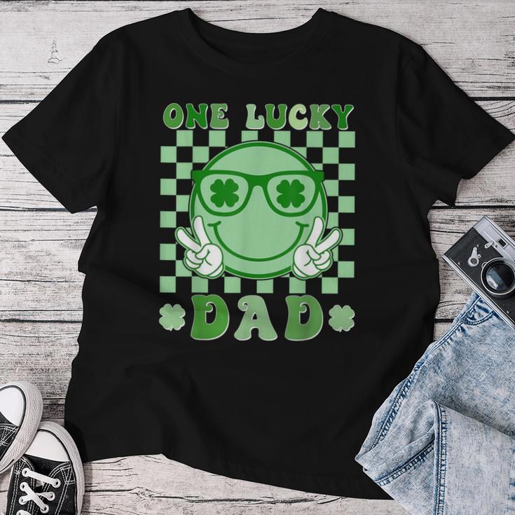 One Lucky Dad Groovy Smile Face St Patrick's Day Irish Dad Women T-shirt Personalized Gifts