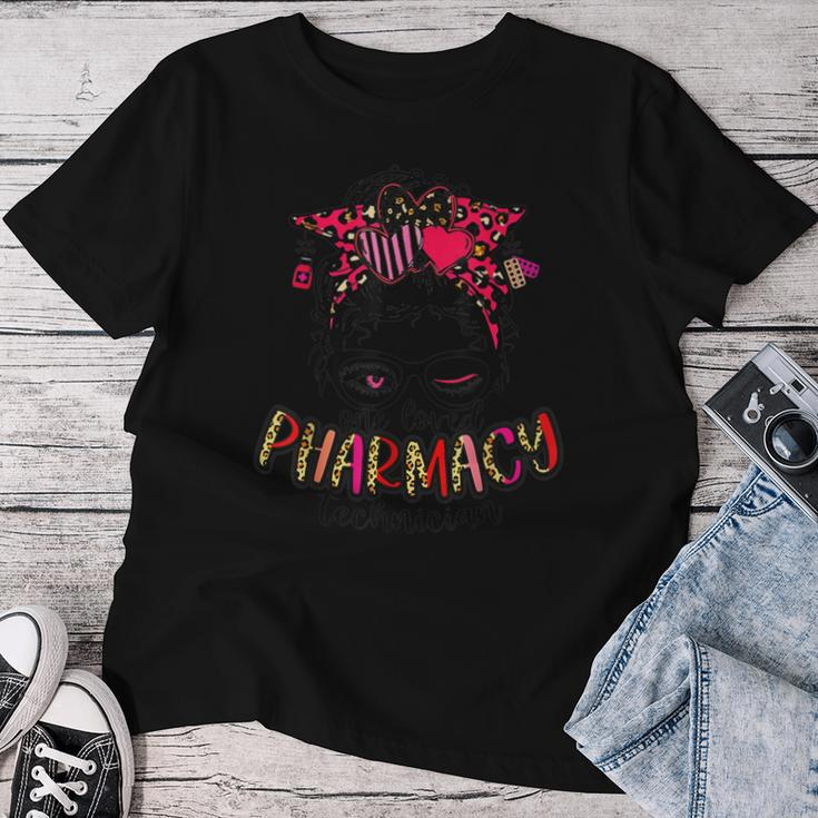 Pharmacy Technician Nurse Leopard Messy Bun Valentines Day Women T-shirt Funny Gifts