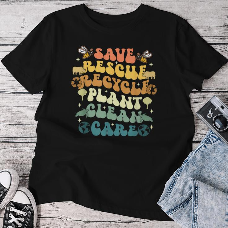 Retro Groovy Save Bees Rescue Animals Recycle Earth Day 2024 Women T-shirt Unique Gifts