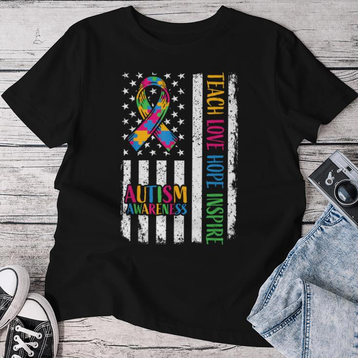 Ribbon Mom Dad American Flag Autism Women T-shirt Funny Gifts